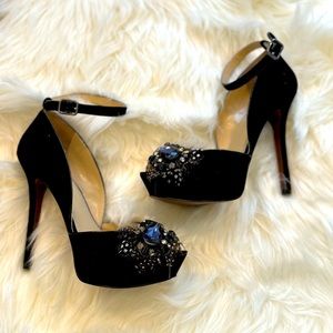 Enzo Angiolini Eathaddea black suede jeweled feather heels